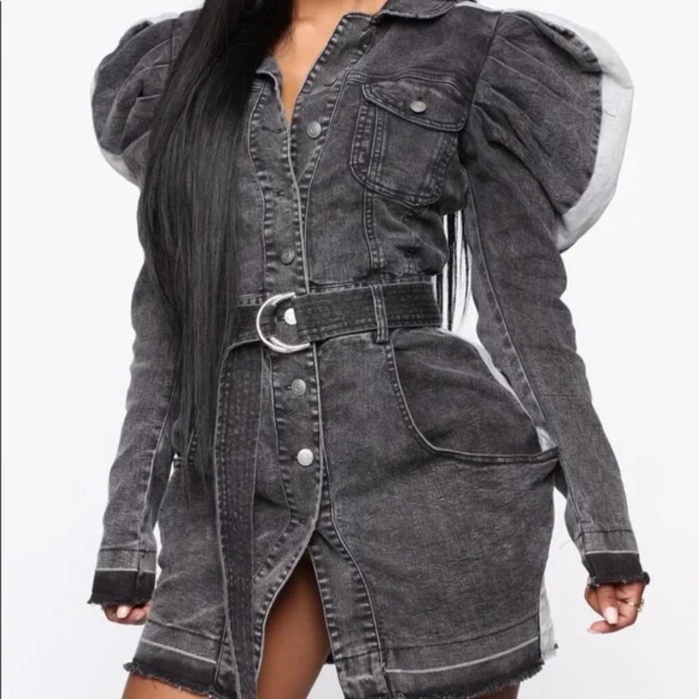 Indie Boutique Brand Athina Black Denim Puff Sleeve Dress Sz L